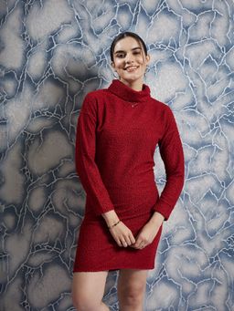 AAREIN - Maroon Textured Turtle Neck Sheath Mini Dress