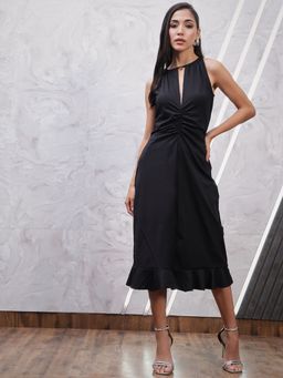 AAREIN - Black Keyhole Neck A-Line Midi Dress