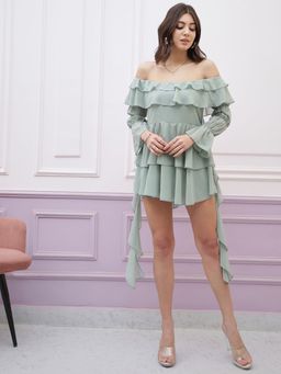 AAREIN - Green Off-Shoulder Puff Sleeves Ruffles Detailed Fit and Flare Mini Dress