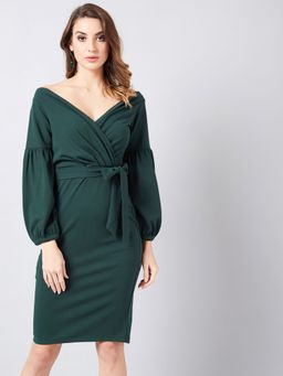 AAREIN - Green Off Shoulder Bishop Sleeve Opaque Sheath Casual Dress with Belt (Set of 2)