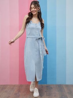 AAREIN - Blue Strapless Tie-Up Detailed Denim A-Line Midi Dress