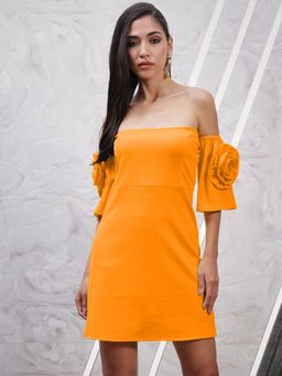 AAREIN - Orange Off-Shoulder Flared Sleeves Corsage Detailed Scuba Sheath Mini Dress