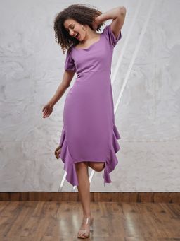 AAREIN - Lavender Ruffled Sweetheart Neck Fit and Flare Midi Dress