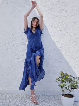 AAREIN - Blue V-Neck Flared Sleeve Ruffled Georgette Maxi Dress