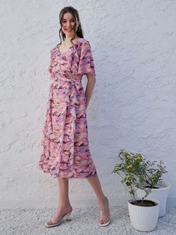 AAREIN - Lavender Abstract Printed Ruffled Georgette A-Line Midi Dress