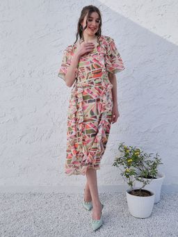 AAREIN - Multi Color Abstract Printed Ruffled Georgette A-Line Midi Dress