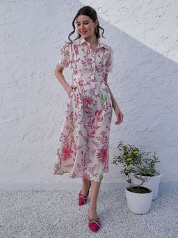 AAREIN - Boho By Pink Floral Print Shirt Midi Dress