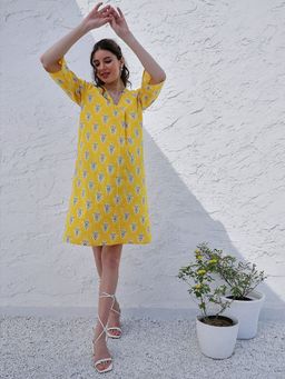 AAREIN - Boho By Yellow Floral Print Cotton A-Line Casual Knee Length Dress