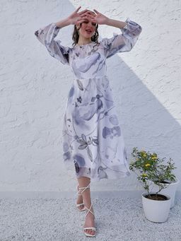 AAREIN - White Abstract Print Puff Sleeve Ruffled Chiffon A-Line Midi Dress