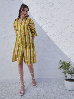AAREIN - Boho By Yellow Abstract Printed Cotton Shirt Casual Midi Dress