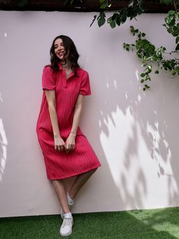 AAREIN - Pink Fuchsia Textured Short Sleeves Shirt Midi Dress