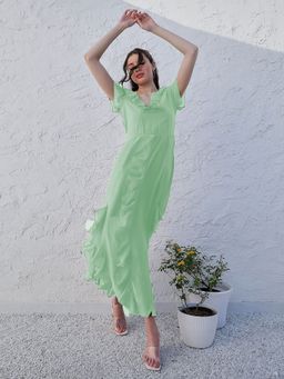 AAREIN - Green V-Neck Flared Sleeve Ruffled Georgette Maxi Dress