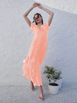 AAREIN - Orange V-Neck Flared Sleeve Ruffled Georgette Maxi Dress