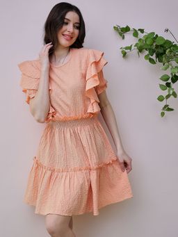 AAREIN - Orange Textured Ruffled Seersucker Fit and Flare Mini Dress
