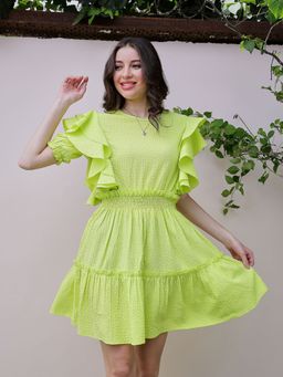 AAREIN - Green Textured Ruffled Seersucker Fit and Flare Mini Dress
