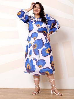 AAREIN - Blue Ample Floral Print Ruffled Georgette A-Line Midi Dress