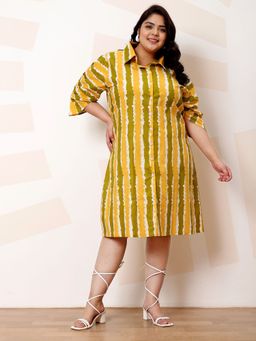 AAREIN - Green Ample Abstract Print Cotton A-Line Casual Dress