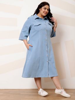 AAREIN - Blue Ample Denim Shirt Collar Shirt Midi Dress