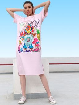 AAREIN - Pink Graphic Printed T-Shirt Midi Dress