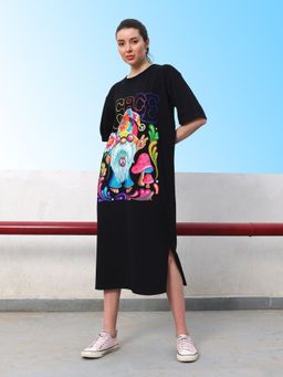AAREIN - Black Graphic Printed Cotton T-Shirt Midi Dress