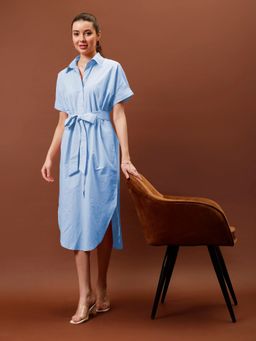 AAREIN - Blue Immutable Shirt Collar Curved Hem Midi Dress with Belt (Set of 2)