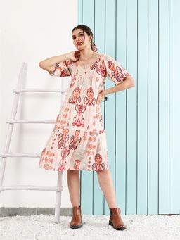 AAREIN - Boho By Beige Bohemian Printed Flared Sleeve Layered A-Line Tiered Midi Dress