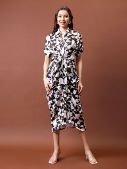 AAREIN - Black Printed Shirt Collar Satin Shirt Midi Dress