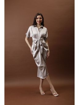 AAREIN - Grey Satin Shirt Collar Roll-Up Sleeves Shirt Midi Dress