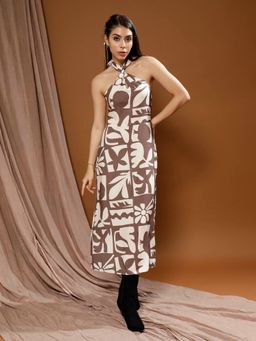 AAREIN - Boho By Brown Bohemian Print Halter Neck A-Line Midi Dress