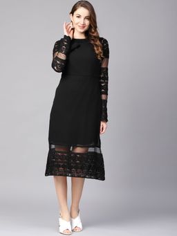 AAREIN - Women Black Lace Solid Detail Sheath Midi Dress