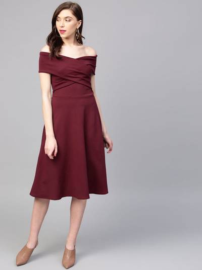 Maroon Off-Shoulder Pleated Fit and Flare Midi Dress