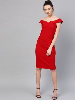 AAREIN - Red Bardot Sheath Midi Dress