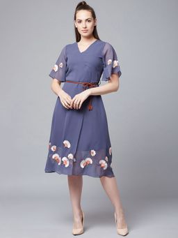 AAREIN - Women Blue Embroidered Wrap Midi Dress with Belt (Set of 2)