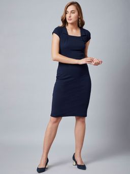 AAREIN - Women Navy Blue Solid Sheath Dress