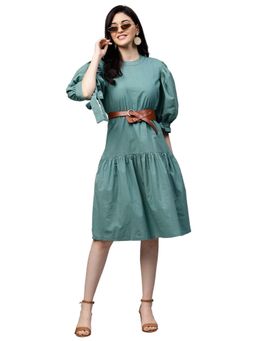 AAREIN - Women Sea Green Solid A-Line Dress with Belt (Set of 2)