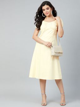 AAREIN - Women Yellow Solid Cotton A-Line Midi Dress