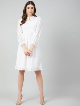 AAREIN - Women White Self Design Fit and Flare Dress