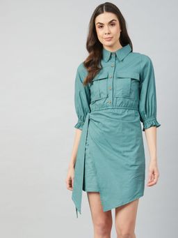 AAREIN - Women Green Cotton Shirt Mini Dress