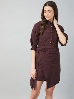 AAREIN - Women Brown Cotton Wrap with Front Pocket Detail Mini Dress