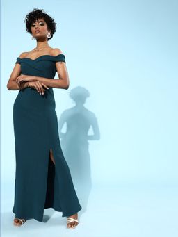 AAREIN - Women Blue Tranquil Teal Solid Sweetheart Neck Maxi Dress