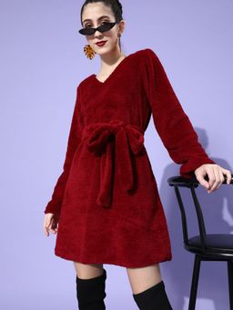 AAREIN - Red A-Line Fur with Pocket Detail Mini Dress
