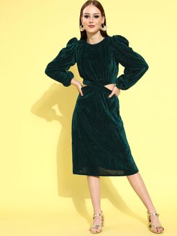 AAREIN - Teal Green Velvet Waist Cut-Outs Sheath Midi Dress