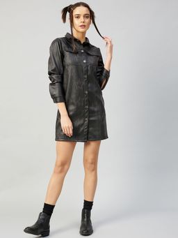 AAREIN - Charcoal Black Leather Shirt Mini Dress