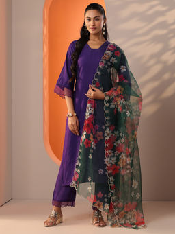 Libas - Purple Woven Design Straight Kurta With Pant & Dupatta