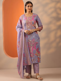 Libas - Lavender Floral Printed Straight Kurta With Pant & Dupatta