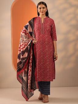 Libas - Red Printed Straight Kurta With Pant & Dupatta