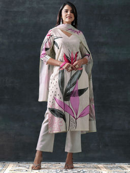 Libas - Off White Printed Straight Kurta With Pant & Dupatta