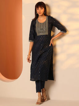 Libas - Navy Blue Embroidered Straight Kurta With Pant