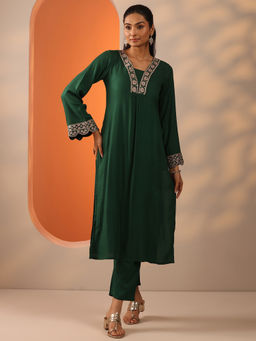 Libas - Green Floral Embroidered Design Straight Kurta With Pant