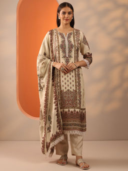 Libas - Beige Ethnic Motif Printed Kurta With Pant & Dupatta